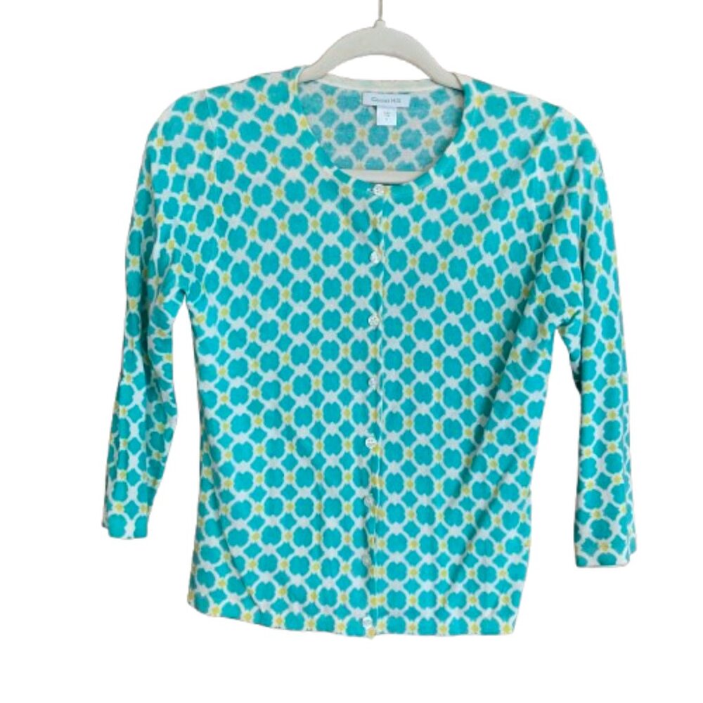 Garnet Hill Aqua Teal Green Blue Geometric Small Merino Wool Cardigan Sweater